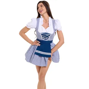 Detailed shot of a classic blue and white checkered Bavarian Dirndl dress for Oktoberfest.
