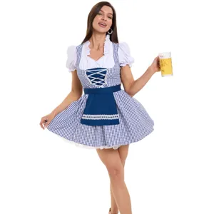 Bavarian Oktoberfest dirndl dress for women, blue white plaid beer girl maid costume.