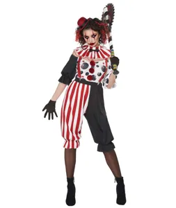 Detail view of the Halloween zombie clown costume featuring a striped top and matching pants.