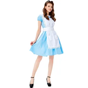 Detailed view of the classic blue maid dress costume, showing delicate lace apron and fit.