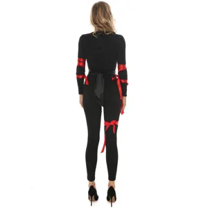 Back view detail of black costume jumpsuit with red ribbon ties for cosplay and role play.
