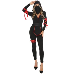 Halloween ninja cosplay costume set with black bodysuit mask and red ribbons for women adult.