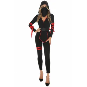 Full body display of black ninja cosplay costume with red ribbons and hood for Halloween party.