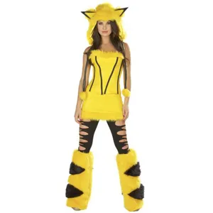 Yellow cute cosplay costume set with furry ears, dress, leggings and boot covers.