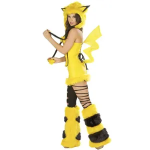 Sexy yellow cosplay costume set with cute animal ears and lightning tail for party events.