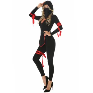 Black ninja costume for women Halloween cosplay sexy samurai outfit with red ribbons S-XL