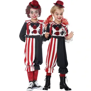 Kids Halloween circus zombie clown costume, red black stripes stage performance outfit.