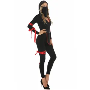 Women Halloween Ninja Cosplay Costume Set Black Samurai Outfit with Red Ribbons and Mask