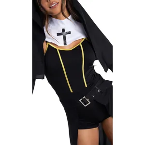 Costume de bonne sœur Halloween cosplay jeu de rôle robe noire sexy fête de carnaval avec capuche.