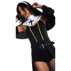 Costume de bonne sœur sexy pour femme déguisement Halloween avec coiffe et ceinture.