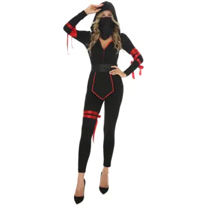 Detail view of women's Halloween ninja cosplay costume with black jumpsuit and red ribbons.