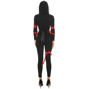 Black hooded cosplay jumpsuit for women, featuring red ribbon ties and waist sash. Detail view.