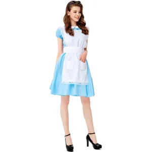 Detailed view of the classic blue maid costume featuring white apron and short sleeves for cosplay events.