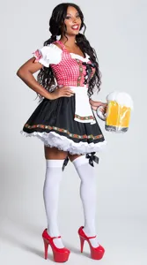 Close-up detail of the traditional German Oktoberfest beer maid costume with checkered top.
