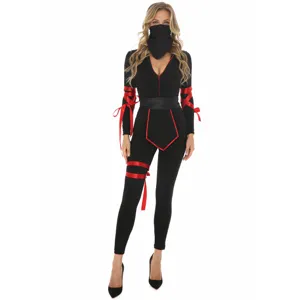Close-up detail of the black ninja costume featuring striking red ribbon ties and sleeves.