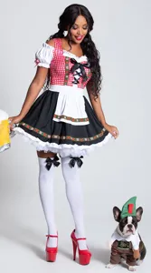 Oktoberfest German beer maid costume for women, traditional dirndl dress with accessories.