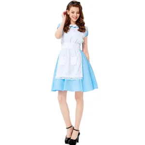 Detailed view of the blue maid cosplay costume dress with white lace apron and cute black headband.