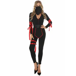 Halloween ninja costume cosplay role play women black jumpsuit with striking red ribbons