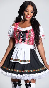 Detailed view of the traditional German Oktoberfest dress featuring white puff sleeves and bodice.