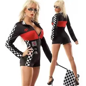 Detail view of the black and red racing cosplay jumpsuit with checkerboard pattern and badge.