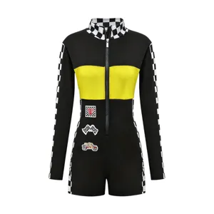Detail view of women's black and yellow racing jumpsuit featuring checkerboard pattern sleeves.