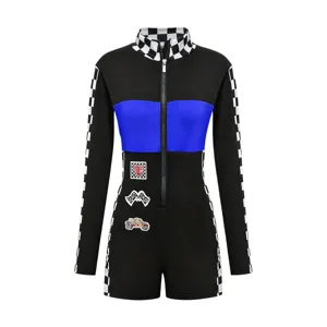 Women racing jumpsuit F1 bodysuit black blue checkered long sleeve romper cosplay details