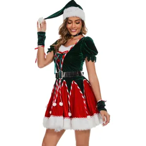 Costume de lutin de Noël pour femme robe en velours une pièce fête cosplay vacances