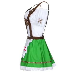 Side detail view of traditional German Oktoberfest dirndl dress with lace trim and suspenders.