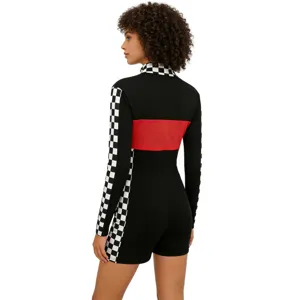 Detailed back view showing the black and white checkered long sleeve women racing jumpsuit.