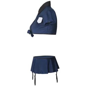 Sexy police costume detail, navy blue short sleeve top with badge and pleated skirt with garters.