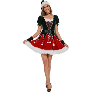 Costume Cosplay Elfe de Noël pour Femme Robe Avec Bonnet de Noël Ceinture Manches Rouge Vert Velours Tenue de Fête Spectacle