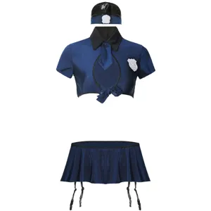 Sexy police costume roleplay outfit set featuring crop top skirt and hat for women.