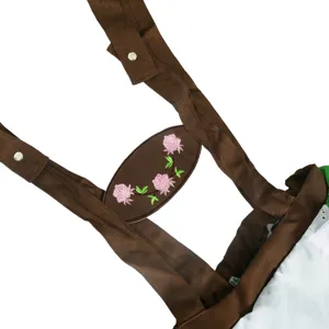 Detailed view of traditional Oktoberfest dress straps with delicate floral embroidery and buttons.