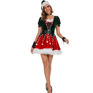 Costume de Noël pour femme, robe de fête en velours rouge et vert avec chapeau de vacances.