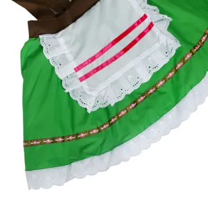 Bavarian Oktoberfest dirndl dress featuring a green skirt and white lace apron details.