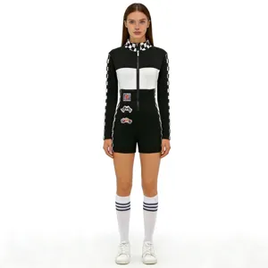 Details of black white racing jumpsuit sleeve checkered pattern collar zip closeup view
