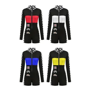 Women racing jumpsuit F1 motor club cosplay costume short bodysuit with checkered print variants.