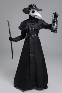 Medieval plague doctor costume detail showing the black coat, mask, and vintage lantern props.