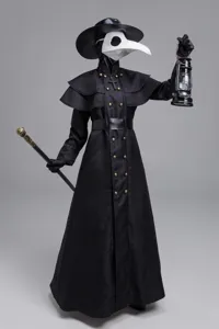 Details of the medieval steampunk plague doctor costume, adult Halloween bird mask outfit.