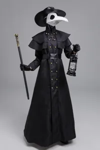 Medieval steampunk plague doctor costume set with bird mask and long black coat for party.