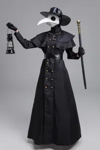 Medieval steampunk plague doctor costume set with bird mask, black coat, hat, cane and lantern.