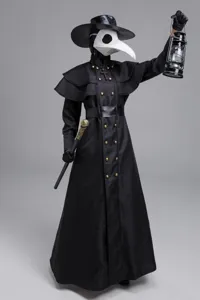 Medieval steampunk adult plague doctor costume detail view showing the full black cloak and mask.