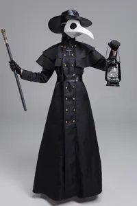 Detailed view of the medieval steampunk plague doctor costume featuring a black coat and mask.