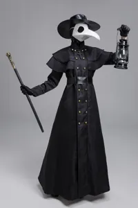 Detailed view of medieval steampunk plague doctor costume props, mask and cane design.