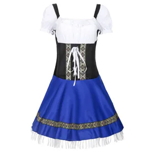 Detail shot of the Bavarian Oktoberfest beer maid costume showcasing the lace-up corset bodice.