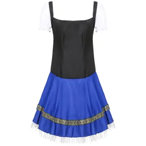 Detailed view of the German Oktoberfest beer costume featuring black bodice and blue skirt.