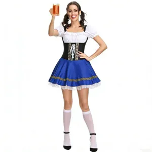 Dirndl Dress Oktoberfest Bavarian Maid Costume Blue Floral Print Ruffle Lace Up Party Fancy Dress For Women Traditional Festival Outfit