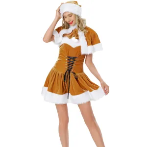 Detailed view of the brown velvet Christmas costume featuring white plush trim and lace-up front.