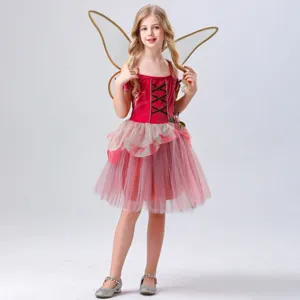 Detail shot of cute children fairy costume featuring delicate mesh wings and fluffy tulle skirt.