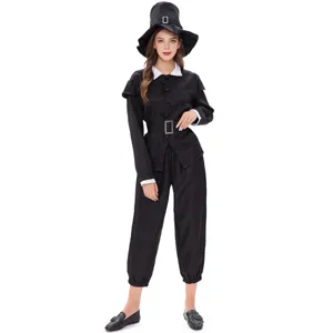 Costume da pellegrina di Halloween da donna, abito di scena storico nero con cappello e cintura.